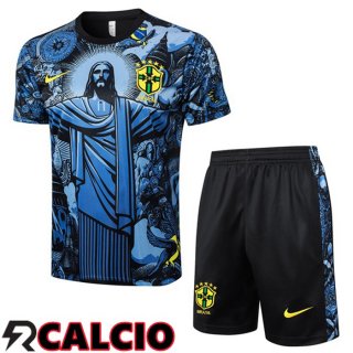 Insieme T Shirt Allenamento Brasile + Pantaloncini Blu 2024/2025