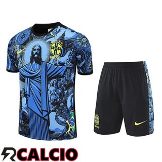 Insieme T Shirt Allenamento Brasile Bambino Blu/Nero 2025/2026  Insieme T Shirt Allenamento Brasile Bambino Blu/Nero 2025/2026