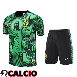 Insieme T Shirt Allenamento Brasile Bambino Verde/Nero 2025/2026  Insieme T Shirt Allenamento Brasile Bambino Verde/Nero 2025/2026