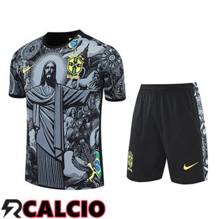 Insieme T Shirt Allenamento Brasile Bambino Grigio/Nero 2025/2026  Insieme T Shirt Allenamento Brasile Bambino Grigio/Nero 2025/2026