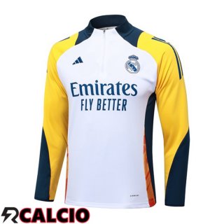 Felpa Allenamento Real Madrid Bianco Giallo 2024/2025  Felpa Allenamento Real Madrid Bianco Giallo 2024/2025