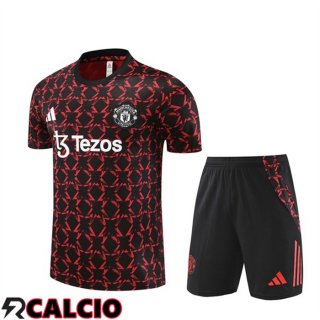Insieme T Shirt Allenamento Manchester United + Pantaloncini Nero Rosso 2024/2025