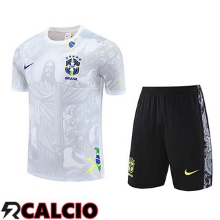 Insieme T Shirt Allenamento Brasile Bambino Bianco Grigio 2025 2026  Insieme T Shirt Allenamento Brasile Bambino Bianco Grigio 2025 2026