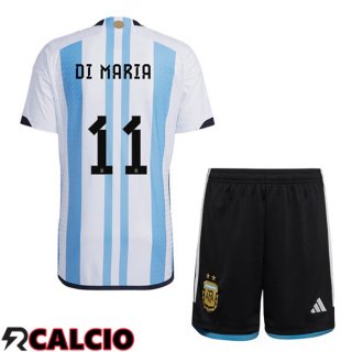 Prima Maglia Argentina (DI MARIA 11) Bambino Blu Bianco Coppa Del Mondo 2022