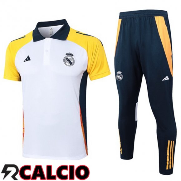 Insieme Polo Real Madrid + Pantaloni Bianco Giallo 2024/2025  Insieme Polo Real Madrid + Pantaloni Bianco Giallo 2024/2025