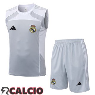 Canotta Allenamento Real Madrid + Pantaloncini Bianco Grigio 2025/2026  Canotta Allenamento Real Madrid + Pantaloncini Bianco Grigio 2025/2026