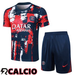 Insieme T Shirt Allenamento Paris PSG + Pantaloncini Blu Reale Rosso 2024/2025