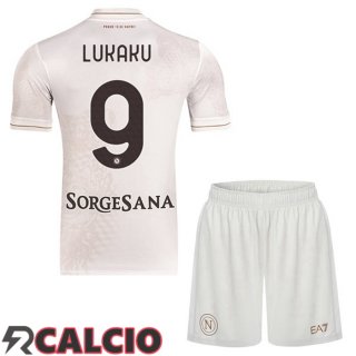 Seconda Maglia SSC Napoli (Romelu Lukaku 9) Bambino Bianco 2025/2026  Seconda Maglia SSC Napoli (Romelu Lukaku 9) Bambino Bianco 2025/2026