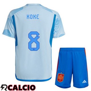 Seconda Maglia Spagna (KOKE 8) Bambino Blu Bianco Coppa del Mondo 2022  Seconda Maglia Spagna (KOKE 8) Bambino Blu Bianco Coppa del Mondo 2022