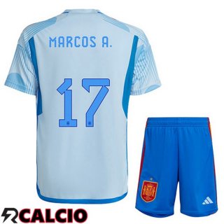 Seconda Maglia Spagna (MARCOS A. 17) Bambino Blu Bianco Coppa del Mondo 2022