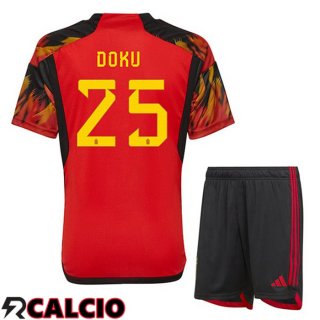 Prima Maglia Belgio (DOKU 25) Bambino Rosso Coppa del Mondo 2022