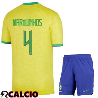 Prima Maglia Brasile (MARQUINHOS 4) Bambino Giallo Coppa del Mondo 2022