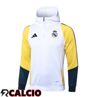 Felpa Con Cappuccio Real Madrid Bianco Giallo 2024/2025  Felpa Con Cappuccio Real Madrid Bianco Giallo 2024/2025