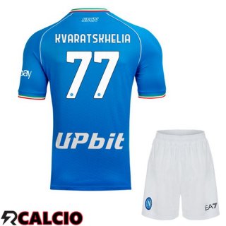 Prima Maglia SSC Napoli (Khvicha Kvaratskhelia 77) Bambino Blu 2023/2024