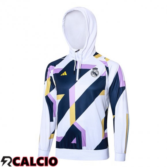 Felpa Allenamento Con Cappuccio Real Madrid Bianco Blu Reale 2023/2024  Felpa Allenamento Con Cappuccio Real Madrid Bianco Blu Reale 2023/2024