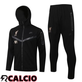Insieme Tuta Calcio Giacca Con Cappuccio FC Liverpool Nero 2021 2022