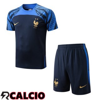 Insieme T Shirt Allenamento Francia + Pantalonicini Blu Royal 2022/2023  Insieme T Shirt Allenamento Francia + Pantalonicini Blu Royal 2022/2023